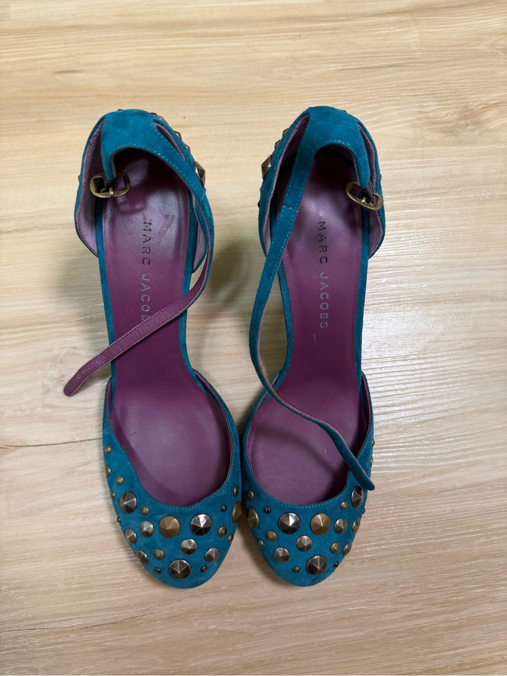 Marc Jacobs Vintage Turquoise Suede Studded Ankle-Strap Pumps - EU 39 / US 8.5-9